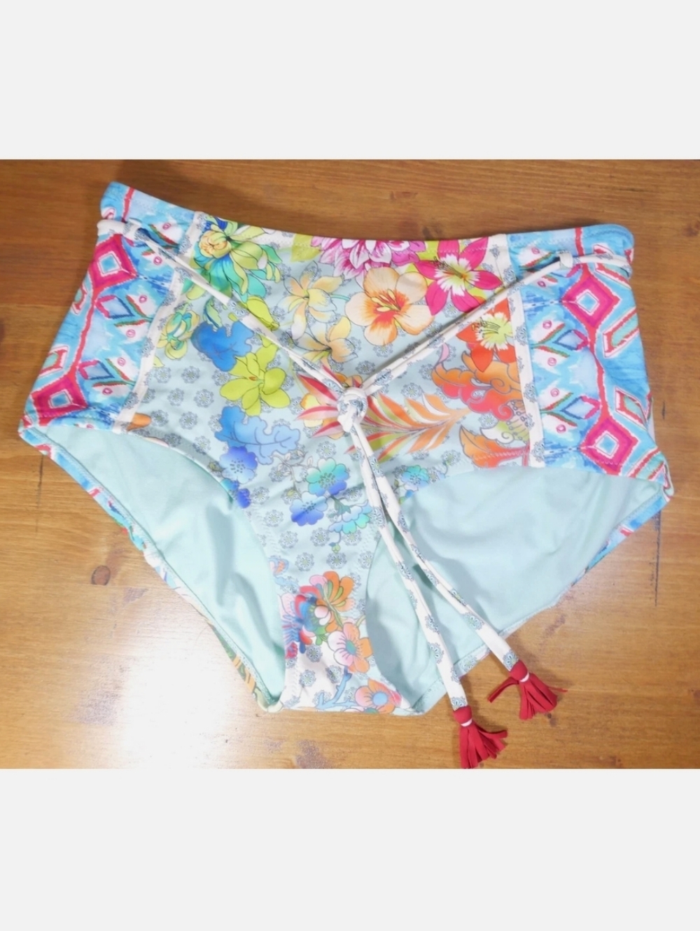 JOHNNY WAS Bikini Bottoms Floral High Waist Swim Swimsuit L Excellent Boho Blue